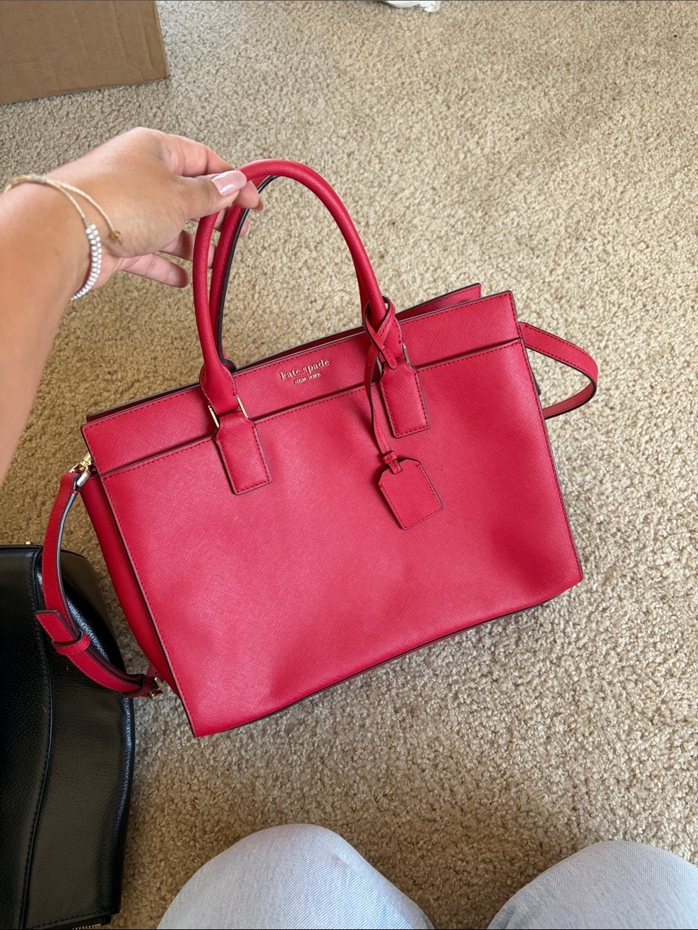 kate spade red leather tote with top handles